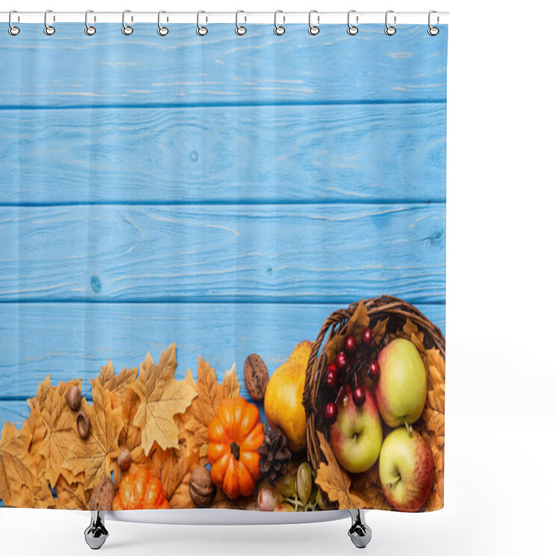 Personality  Top View Of Autumnal Harvest In Basket And Foliage On Blue Wooden Background Shower Curtains