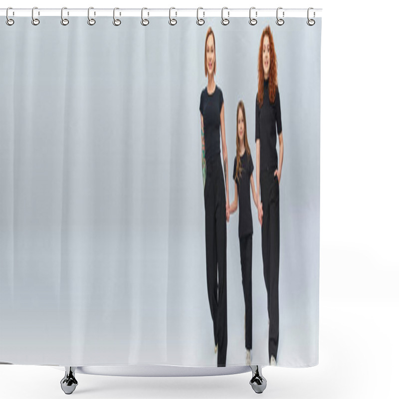 Personality  Girl Holding Hands And Walking With Redhead Women In Matching Outfits On Grey Backdrop, Banner Shower Curtains