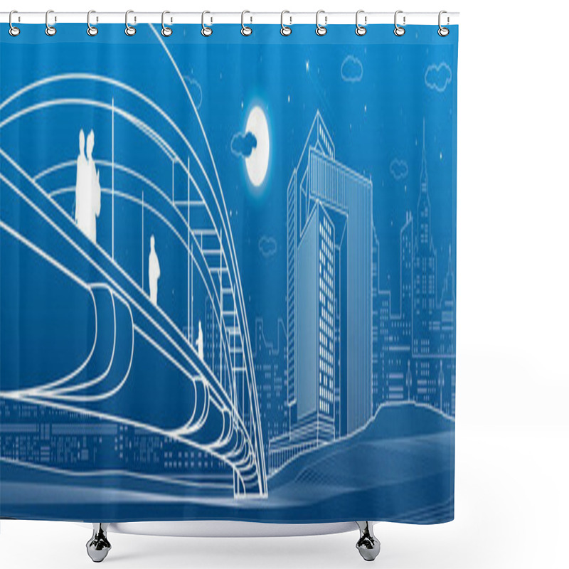 Personality  People Walking At Pedestrian Bridge. Business City Skyline. Modern Night Town. Infrastructure Illustration, Urban Scene. White Lines On Blue Background. Vector Design Art  Shower Curtains