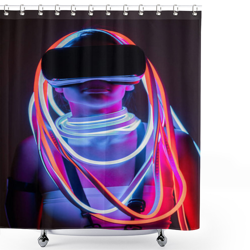 Personality  Futuristic African American Woman In Vr Headset And Neon Lighting Shower Curtains