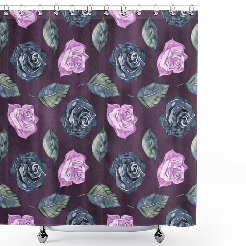 Personality  Hand Drawn Roses, Mimicking Folk Embroidery Stitches, On Dark Blue Background Floral Seamless Pattern Shower Curtains