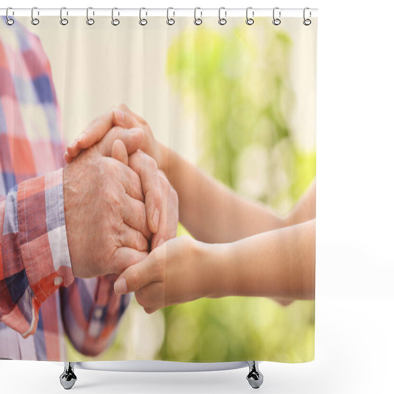 Personality  Young Woman Holding Elderly Man Hands On Blurred Background, Closeup. Help Service Shower Curtains