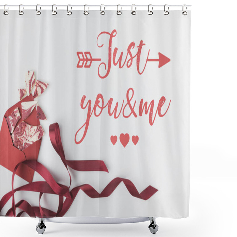 Personality  Top View Of Envelope With Dessert And Red Ribbon Isolated On White Shower Curtains