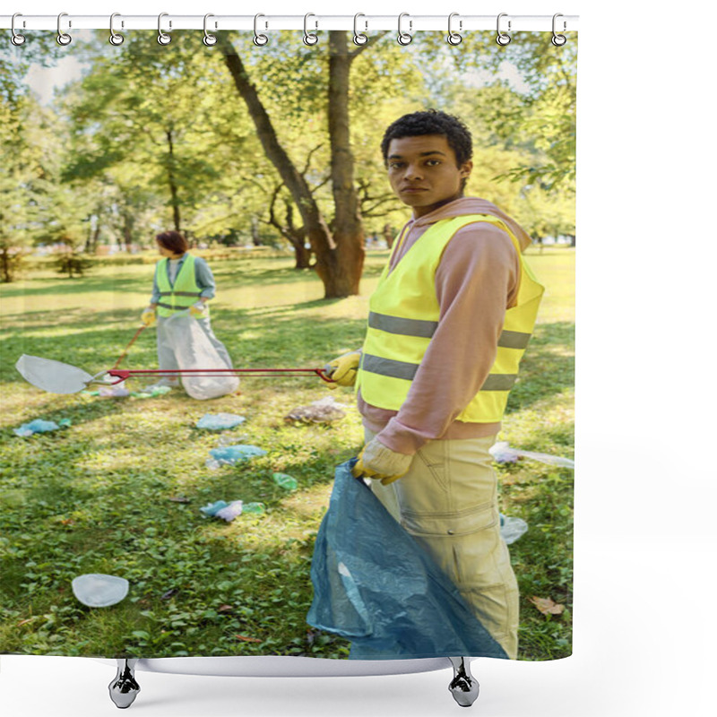 Personality  Socially Active Diverse Couple Cleaning A Park Together. Shower Curtains