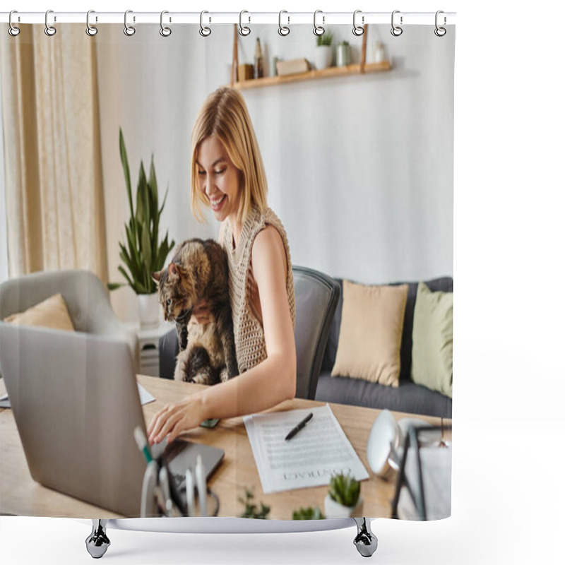 Personality  A Woman With Short Hair Sits Peacefully At A Table With A Cat On Her Lap. Shower Curtains