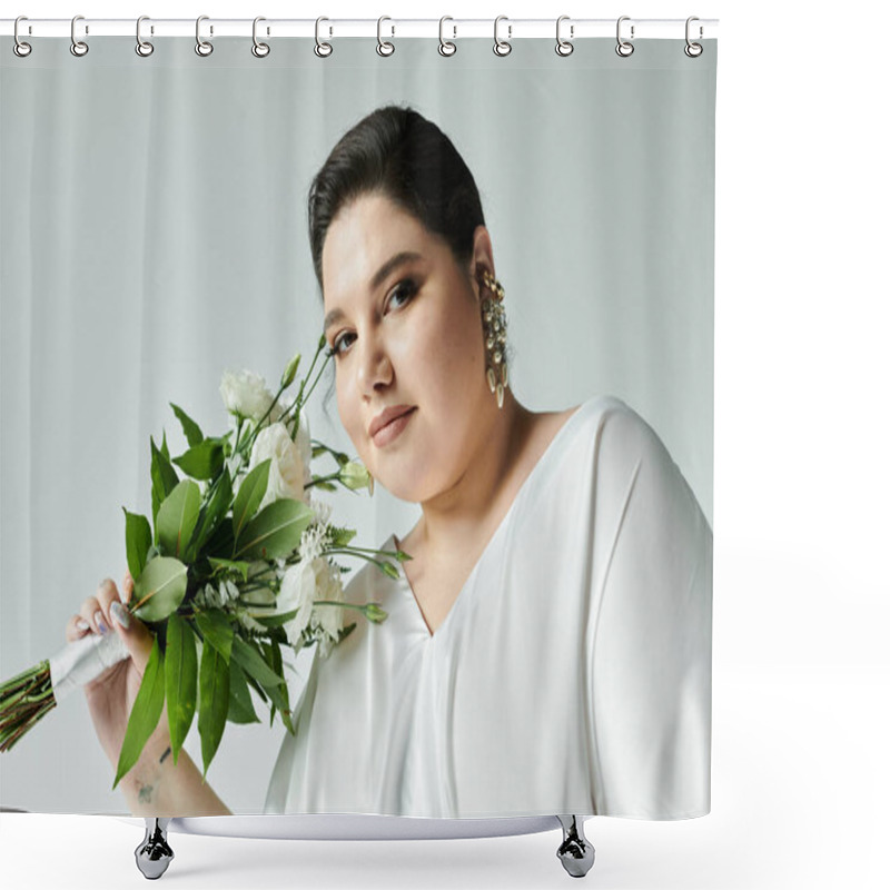 Personality  A Beautiful Plus Size Bride In White Showcases Her Elegance, Holding A Lush Bouquet With Grace And Style. Shower Curtains