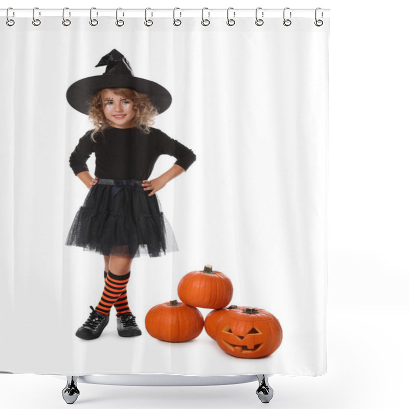 Personality  Cute Little Girl Wearing Halloween Costume And Pumpkins On White Background Shower Curtains