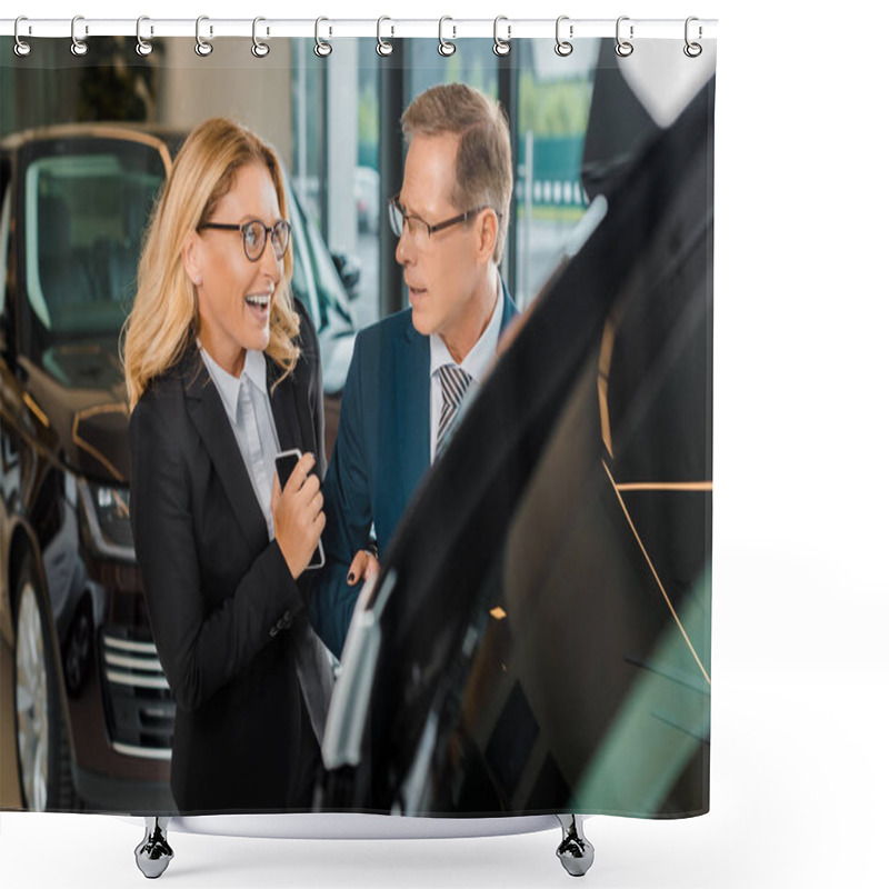 Personality  Businessman And Smiling Businesswoman With Smartphone Choosing New Car In Dealership Salon Shower Curtains