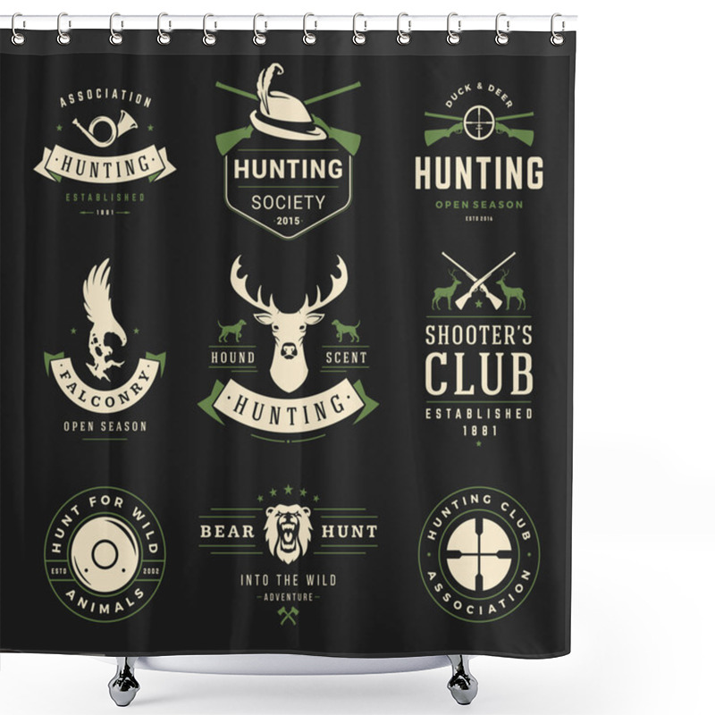 Personality  Set Of Hunting And Fishing Labels, Badges, Logos Vector Design Elements Vintage Style Shower Curtains