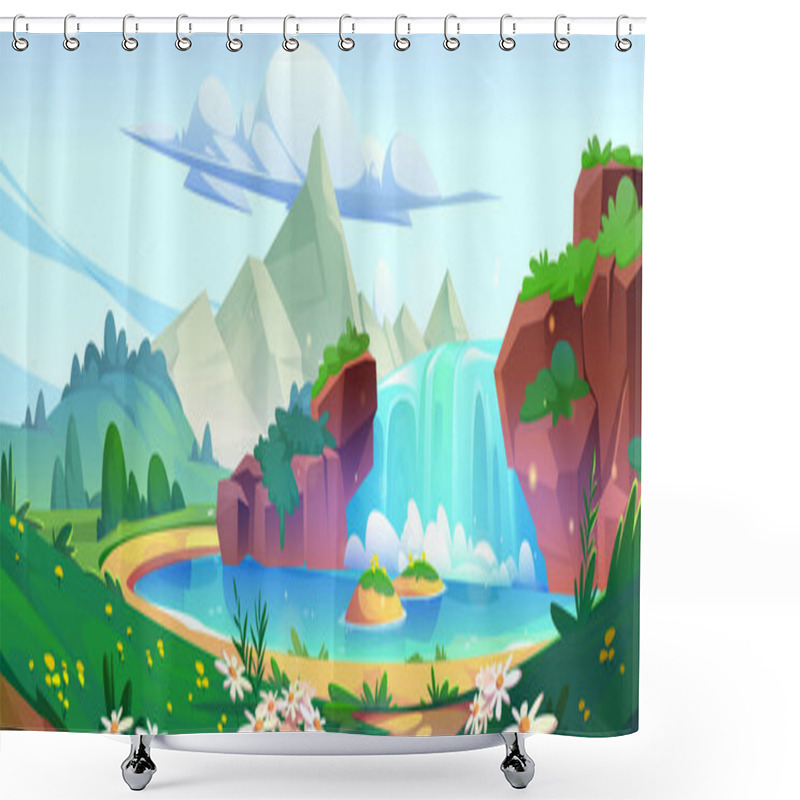 Personality  Summer Or Spring Sunny Landscape With Waterfall On Cliff Rocks And Lake Or River, Mountains Peaks And Meadow With Green Grass And Daisy Flowers, Blue Sky With Clouds. Carton Vector Nature Scenery. Shower Curtains