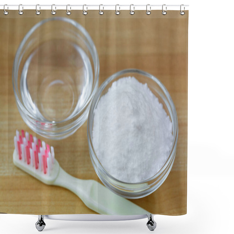 Personality  Closeup Of Baking Soda Powder Next To Vinegar, Toothbrush On Wood Shower Curtains