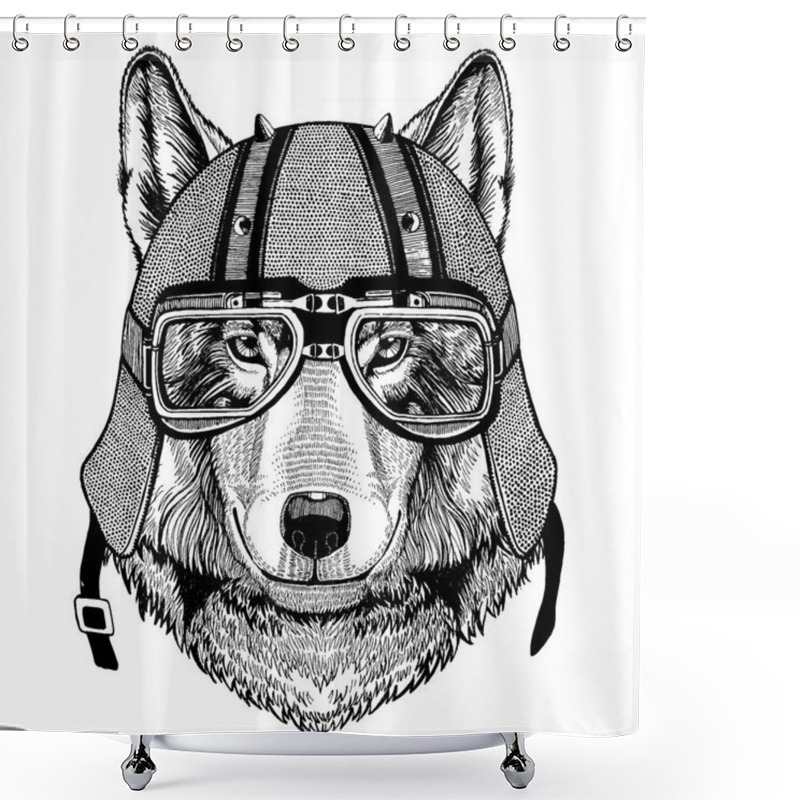 Personality  Wolf, Dog Wearing A Motorcycle, Aero Helmet. Hand Drawn Image For Tattoo, T-shirt, Emblem, Badge, Logo, Patch Shower Curtains