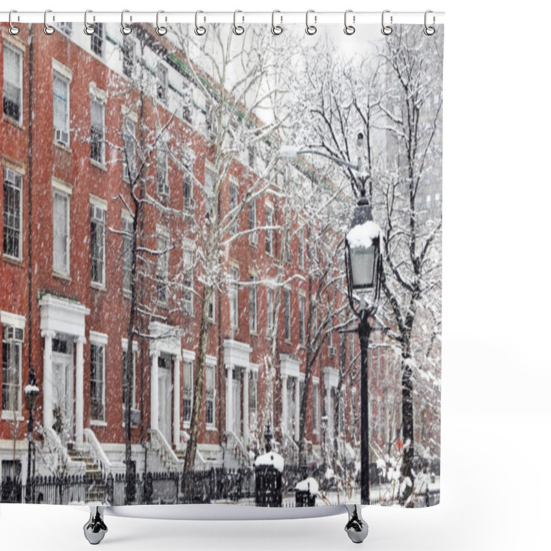 Personality  Snow Covered Winter Street Scene With Old Buildings Along Washington Square Park In Manhattan New York City NYC Shower Curtains