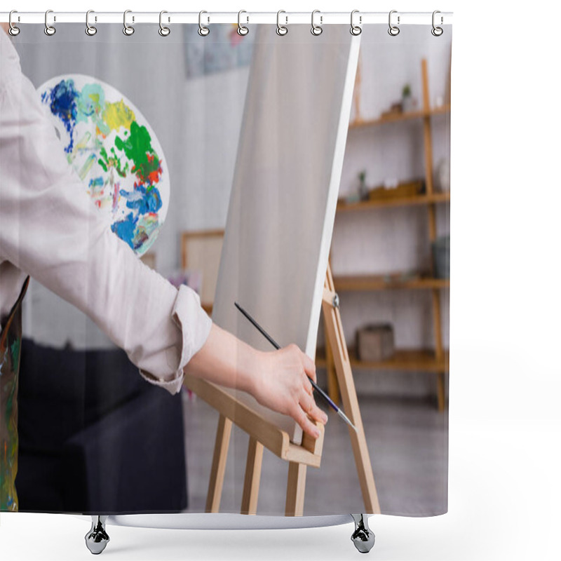 Personality  Partial View Of Middle Aged Woman Holding Paintbrush And Palette With Colorful Paints Near Blank Canvas  Shower Curtains