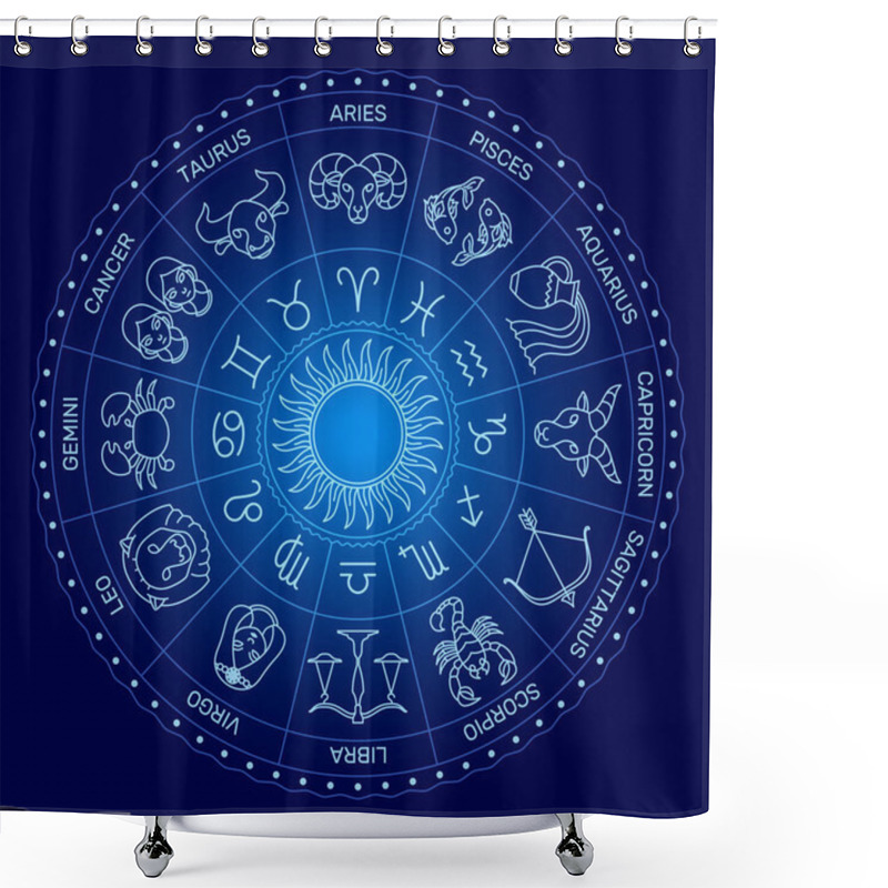 Personality  Circle Zodiac Symbol, Minimal Cartoon Style, Light Line On Dark Blue Background. Shower Curtains