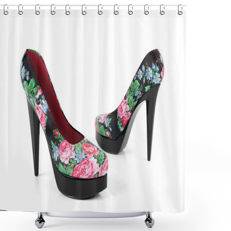 Personality  Female High Heeled Shoes With Flower Pattern Isolated Shower Curtains