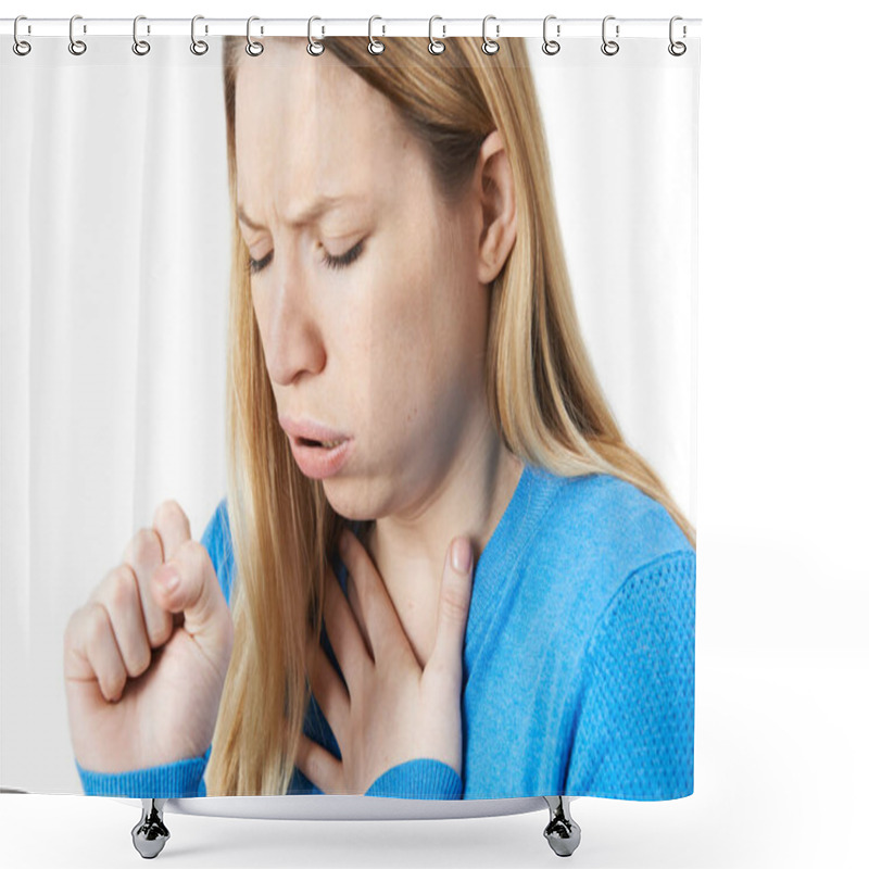 Personality  Young Woman Suffering With Cough Shower Curtains