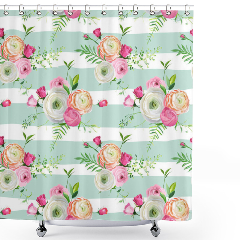 Personality  Floral Seamless Pattern With Pink Roses And Ranunculus Flowers. Botanical Background For Fabric Textile, Wallpaper, Wrapping Paper And Decor. Vector Illustration Shower Curtains