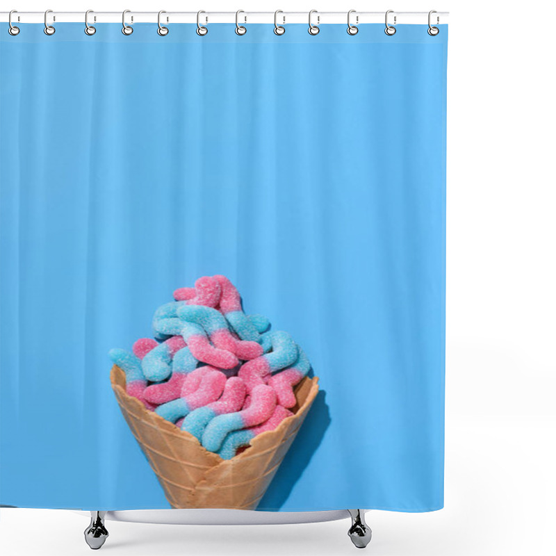 Personality  Top View Of Sweet Gummy Worms In Waffle Cone On Blue Shower Curtains