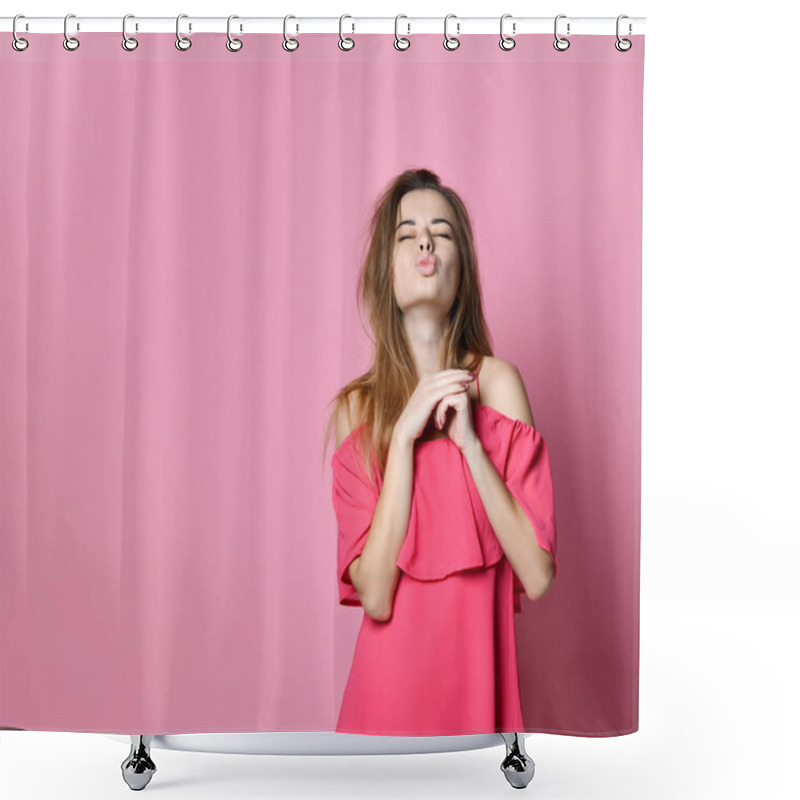 Personality  Portrait Of Cute Lovely Girl In Pink Dress Pouts Lips, Sends Kisses To Camera, Shower Curtains