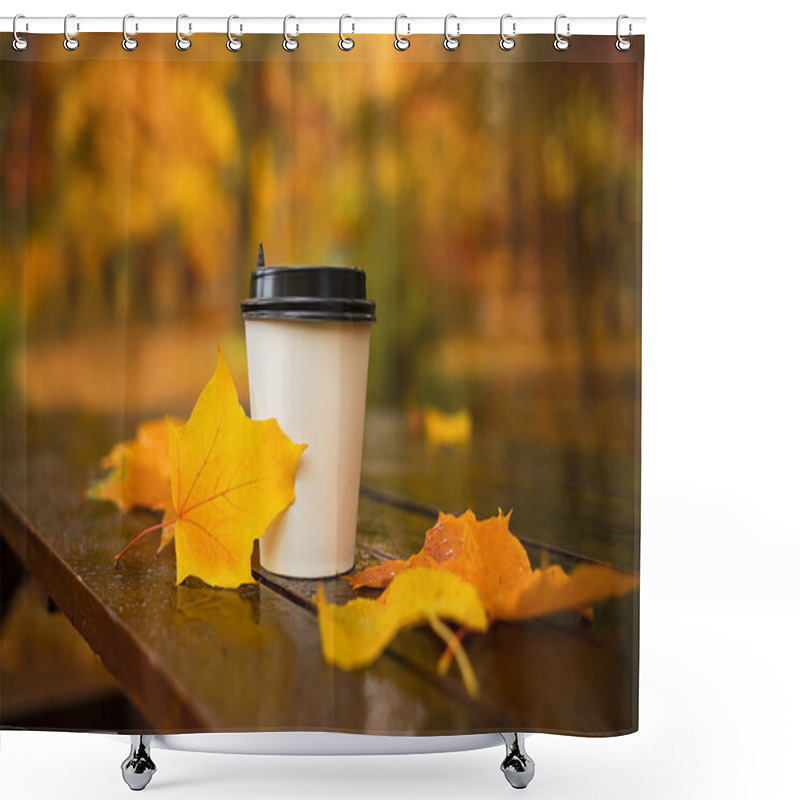 Personality  Coffee Paper Cup With Maple Leaves On Wet Wooden Table Outdoors Shower Curtains