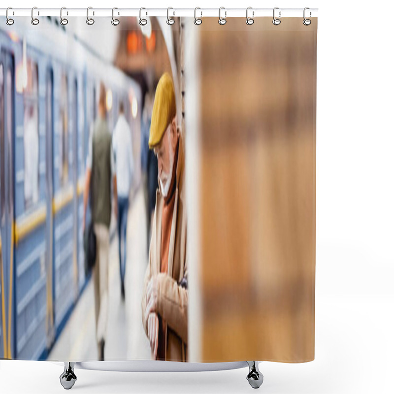 Personality  Senior Man In Autumn Outfit Standing On Metro Platform With Train And Passengers On Blurred Foreground, Banner Shower Curtains