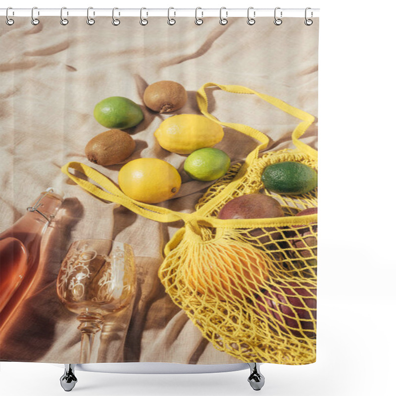 Personality  Top View Of Glass, Bottle With Summer Drink And Yellow String Bag With Fresh Ripe Tropical Fruits Shower Curtains