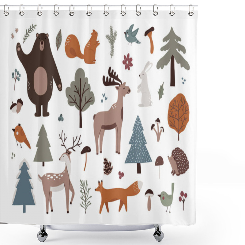 Personality  Set Of Woodland Wild Forest Animals. Cute Scandinavian Cartoon Deer, Bear, Moose, Squirrel, Bird, Fox, Hedgehog, Rabbit And Spruce Trees, Berry, Mushrooms. Vector Illustration In Hand Drawn Flat Style Shower Curtains