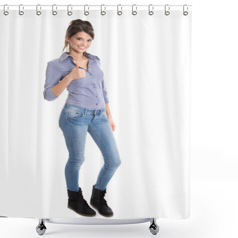 Personality  Isolated Young Happy Smiling Woman On White.  Shower Curtains