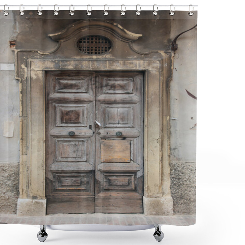 Personality  Ancient Wood Oak Door With Marble Frame Portal On Old Plaster Wa Shower Curtains