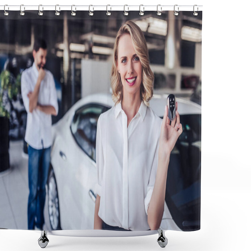 Personality  Portrait Of Happy Woman Holding Keys Of New Car Looking At The Camera With Pensive Man On The Background Shower Curtains