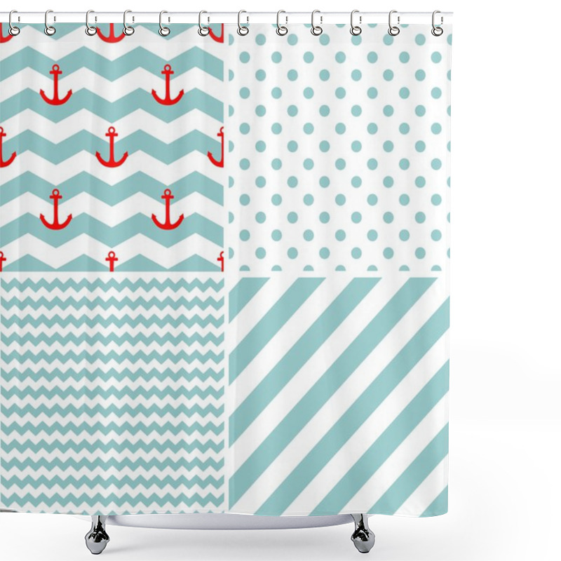 Personality  Tile Sailor Vector Pattern Set With White Polka Dots, Zig Zag And Stripes On Blue Background Shower Curtains