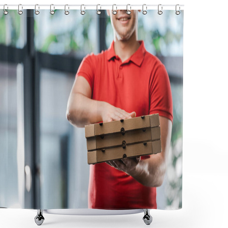 Personality  Cropped View Of Smiling Delivery Man Holding Pizza Boxes  Shower Curtains