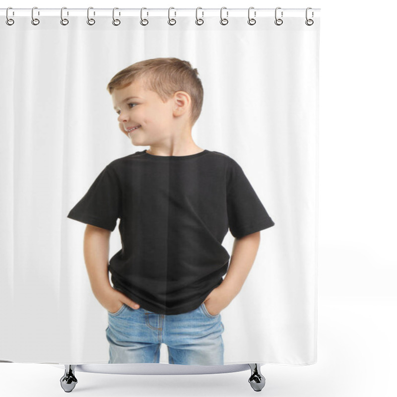 Personality  Little Boy In T-shirt On White Background. Mockup For Design Shower Curtains