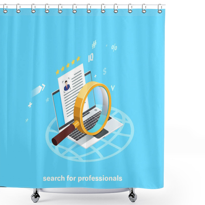 Personality  Summary Of A Man In A Business Suit On A Laptop Screen And Magnifier, Isometric Image Shower Curtains