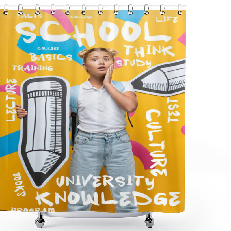 Personality  Worried Schoolchild With Backpack And Paper Pencil Looking At Camera Near Lettering On Yellow  Shower Curtains