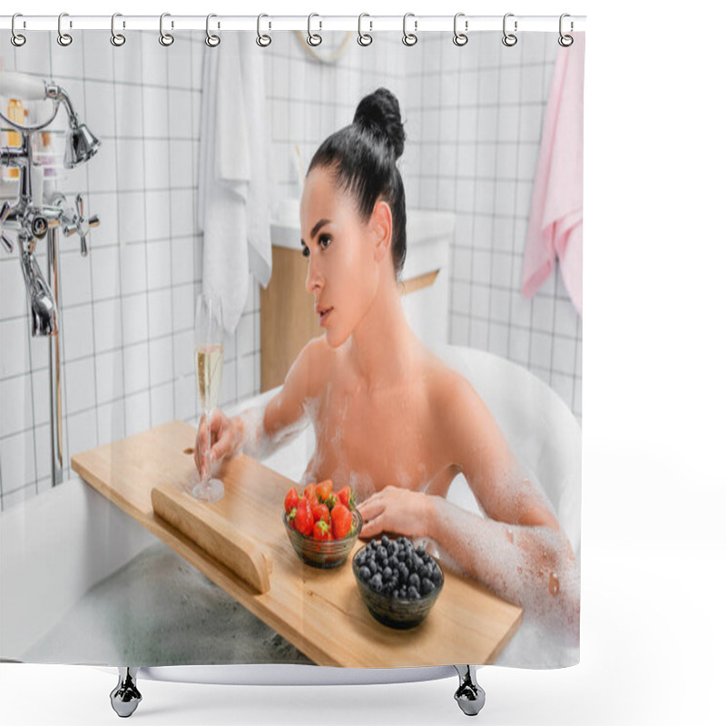 Personality  Sensual Woman Holding Glass Of Champagne Near Berries On Bathtub Tray  Shower Curtains