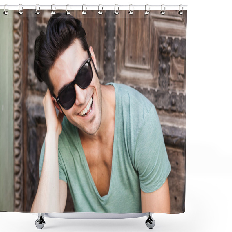 Personality  Attractive Young Male Model Posing Outdoors Shower Curtains