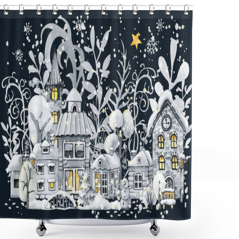 Personality  Winter Town, Christmas Snow Houses And Trees. Landscape Scene Creator. Hand Drawn Watercolor Illustration Isolated On White Background Shower Curtains