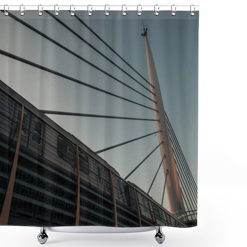 Personality  Low Angle View Of Train And Construction Of Golden Horn Metro Bridge With Sky At Background, Istanbul, Turkey  Shower Curtains