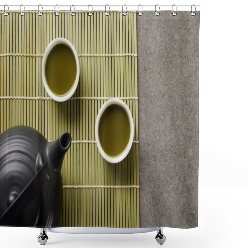 Personality  Top View Of White Cups With Green Matcha Tea Near Black Teapot On Bamboo Table Mat Shower Curtains