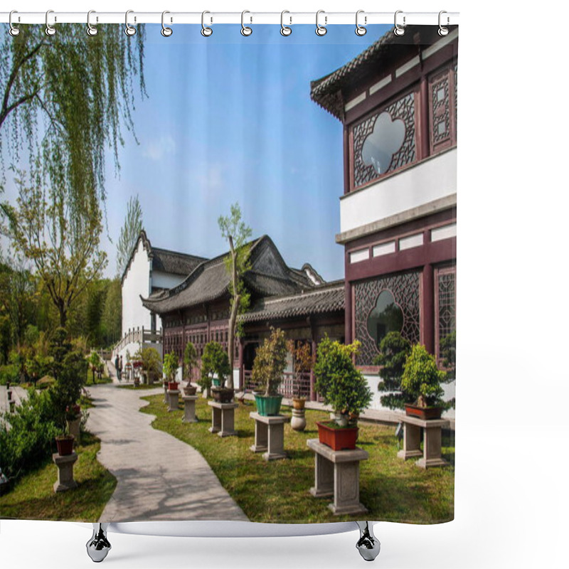 Personality  Yangzhou Slender West Lake Garden Architecture Shower Curtains