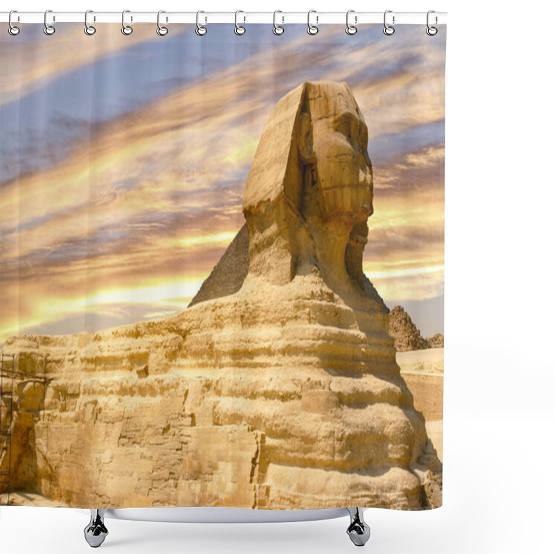 Personality  The Sphinx, Which Has A Lion's Body And A Human Head, Is Depicted In The Limestone Statue Known As The Great Sphinx Of Giza.                              Shower Curtains