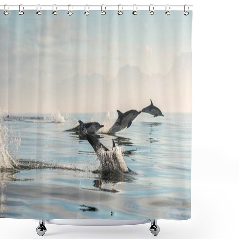 Personality  Dolphins Swimming And Jumping Out Of Water. The Long-beaked Common Dolphins. Scientific Name: Delphinus Capensis. False Bay. South Africa. Shower Curtains