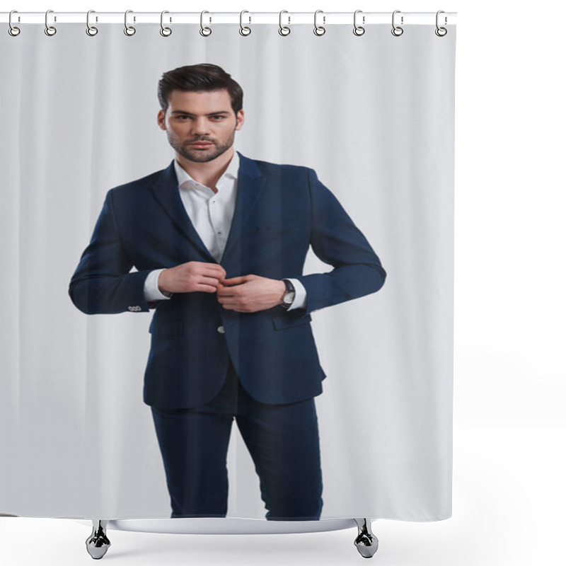 Personality  Handsome Young Man In Full Suit Adjusting His Jacket And Looking At Camera In Studio  Shower Curtains