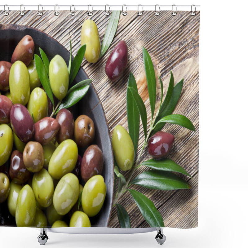 Personality  Wooden Bowl Full Of Olives And Olive Twigs Besides It. Shower Curtains