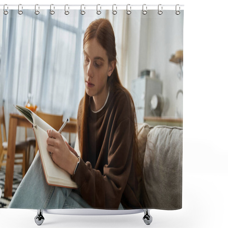 Personality  Casual Young Guy In A Sweatshirt Reflects While Writing In His Notebook At Home. Shower Curtains