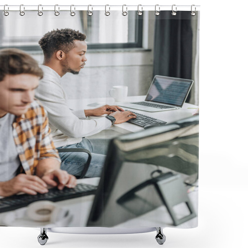 Personality  Selective Focus Of Two Young Multicultural Programmers Working Together In Office Shower Curtains