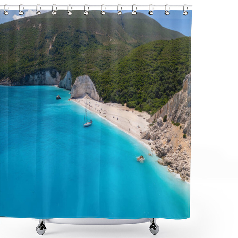 Personality  Aerial View Of The Paradise Beach Of Fteri In Kefalonia The Beautiful  Ionian Island Of Greece Shower Curtains