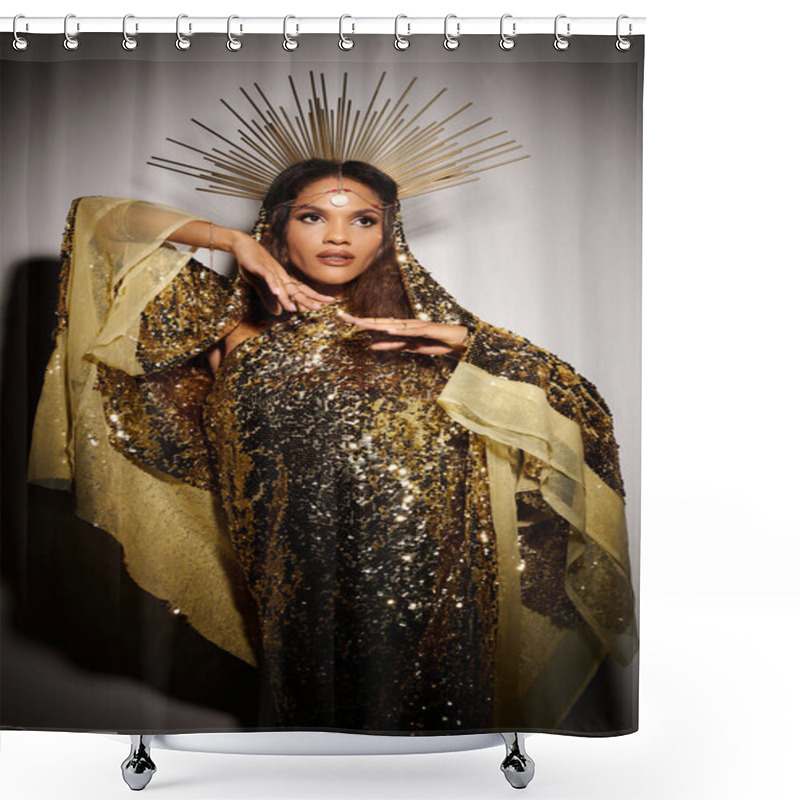 Personality  A Stunning African American Goddess Exudes Grace In A Shiny Golden Dress, Illuminated In A Studio Setting. Shower Curtains